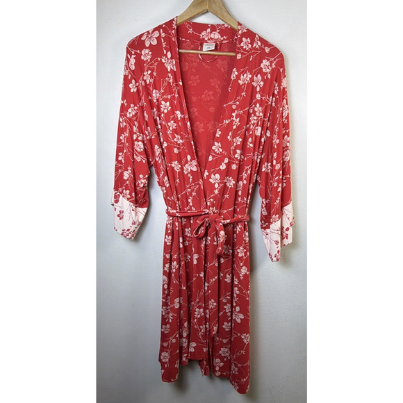 Soma women's robe floral knee length tie rayon blend soft red cool nights - Picture 2 of 10